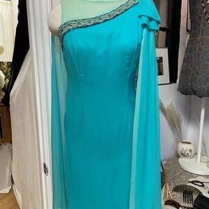 1960s Elegant Teal One-Shoulder Dress
